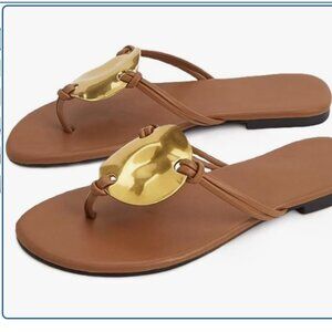 Women's Brown Flip Flops With Gold Oyster Shell (Size 9.5)